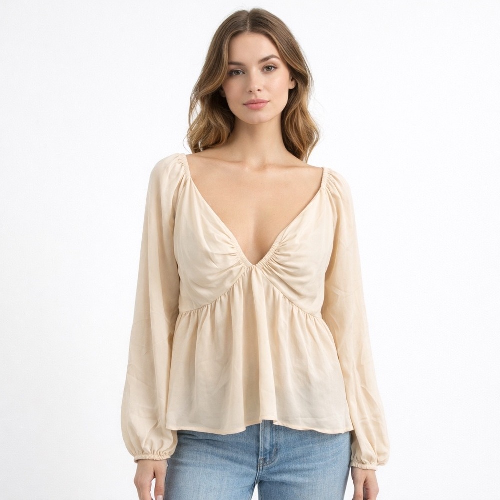 Francesca's Audrey Parks Cream Lace Up Back Peplum Romantic Blouse Small